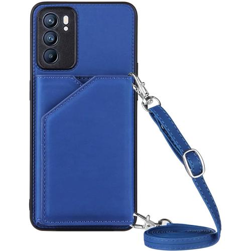 Coque Avec Cordon Pour Oppo Reno 6 5g, Pu Cuir Silicone Cover Avec Fente Pour Carte Tour De Cou Lanière, Slim Necklace Case Anti-Choc Bumper Etui Housse & Collier, Bleu