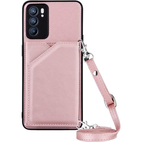 Coque Avec Cordon Pour Oppo Reno 6 5g, Pu Cuir Silicone Cover Avec Fente Pour Carte Tour De Cou Lanière, Slim Necklace Case Anti-Choc Bumper Etui Housse & Collier, Rose