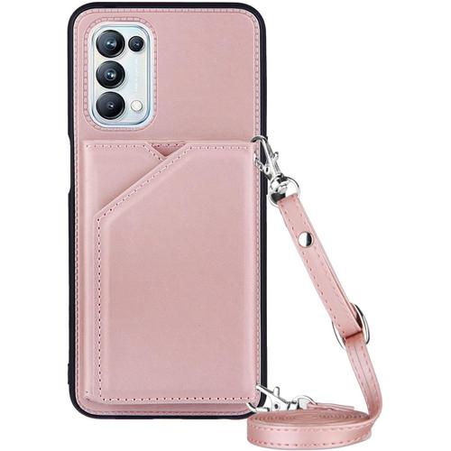 Coque Avec Cordon Pour Oppo A54 5g / Oppo A74 5g, Pu Cuir Silicone Cover Avec Fente Pour Carte Tour De Cou Lanière, Slim Necklace Case Anti-Choc Bumper Etui Housse & Collier, Rose