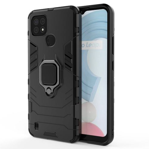 Saturcase Coque Pour Realme C21, Bague Béquille Hybride 2 En 1 [Pc & Silicone] Double Couche Pare-Chocs Antichoc Protecteur Housse Étui Coque Pour Realme C21 (Noir)