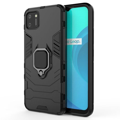 Saturcase Coque Pour Realme C11, Bague Béquille Hybride 2 En 1 [Pc & Silicone] Double Couche Pare-Chocs Antichoc Protecteur Housse Étui Coque Pour Realme C11 (Noir)