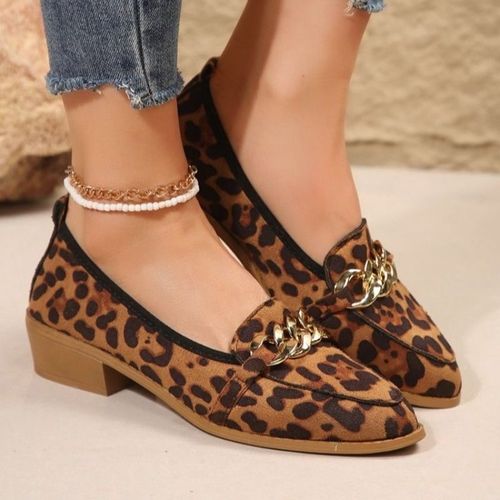 Mocassins À Enfiler Décontractés À Imprimé Léopard Pour Femmes,Talons Carrés,Décoration En Métal,Mode De Printemps,2024 - 40