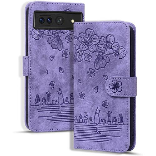 Coque Pour Google Pixel 7 Pro, Etui Portefeuille Cuir Pu Avec Fonction De Support Housse Folio Magnétique Pour Google Pixel 7 Pro, Violet Chaton