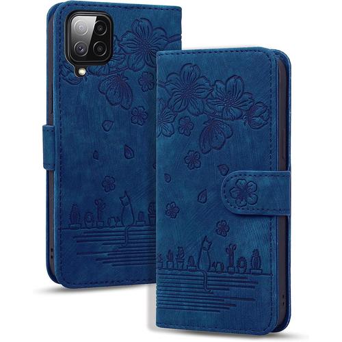 Coque Pour Samsung Galaxy A22 4g, Etui Portefeuille Cuir Pu Avec Fonction De Support Housse Folio Magnétique Pour Galaxy A22 4g, Bleu Chaton