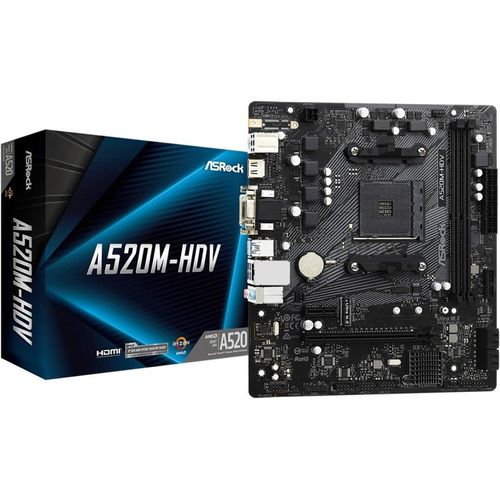 ASRock A520M-HDV - Carte-mère - micro ATX - Socket AM4 - AMD A520 Chipset - USB 3.2 Gen 1 - Gigabit LAN - carte graphique embarquée (unité centrale requise) - audio HD (8 canaux)