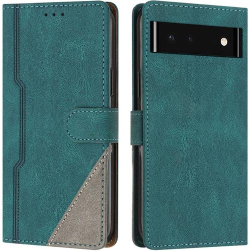 Coque Pour Google Pixel 6a, Housse Etui Portefeuille Cuir Multifonction, Fermeture Magnétique À Clapet Anti-Choc [Fonction Support] Flip Case Compatible Avec Google Pixel 6a (Vert)