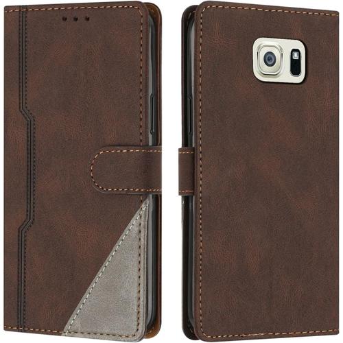 Coque Pour Samsung Galaxy S6, Housse Etui Portefeuille Cuir Multifonction, Fermeture Magnétique À Clapet Anti-Choc [Fonction Support] Flip Case Compatible Avec Samsung Galaxy S6 (Marron)