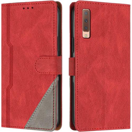 Coque Pour Samsung Galaxy A7 2018 / A750, Housse Etui Portefeuille Cuir Multifonction, Fermeture Magnétique À Clapet [Fonction Support] Flip Compatible Avec Samsung A7 2018 / A750 (Rouge)