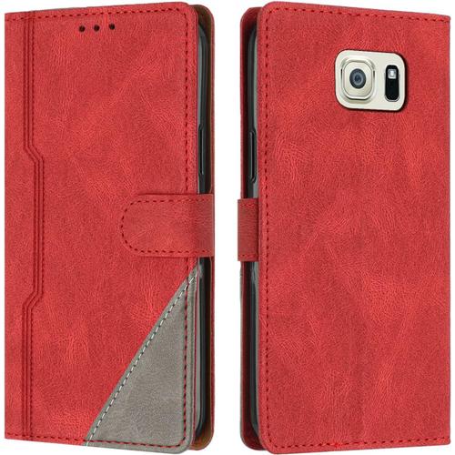 Coque Pour Samsung Galaxy S6 Edge, Housse Etui Portefeuille Cuir Multifonction, Fermeture Magnétique À Clapet Anti-Choc [Fonction Support] Flip Case Compatible Avec Samsung S6 Edge (Rouge)