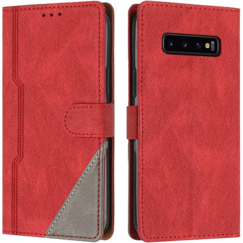 Coque Pour Samsung Galaxy S10 Plus / S10+, Housse Etui Portefeuille Cuir Multifonction, Fermeture Magnétique À Clapet [Fonction Support] Flip Case Compatible Avec Samsung S10 Plus/S10+ (Rouge)