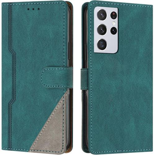 Coque Pour Samsung Galaxy S21 Ultra / S30 Ultra, Housse Etui Portefeuille Cuir Multifonction, Fermeture Magnétique À Clapet [Fonction Support] Flip Compatible Avec Samsung S21 Ultra (Vert)