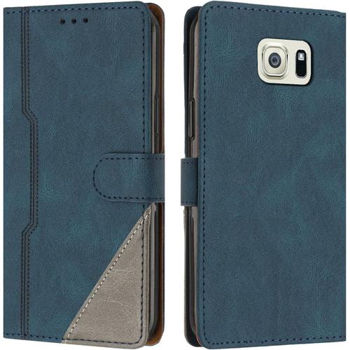 Coque Pour Samsung Galaxy S6 Edge, Housse Etui Portefeuille Cuir Multifonction, Fermeture Magnétique À Clapet Anti-Choc [Fonction Support] Flip Case Compatible Avec Samsung S6 Edge (Bleu)