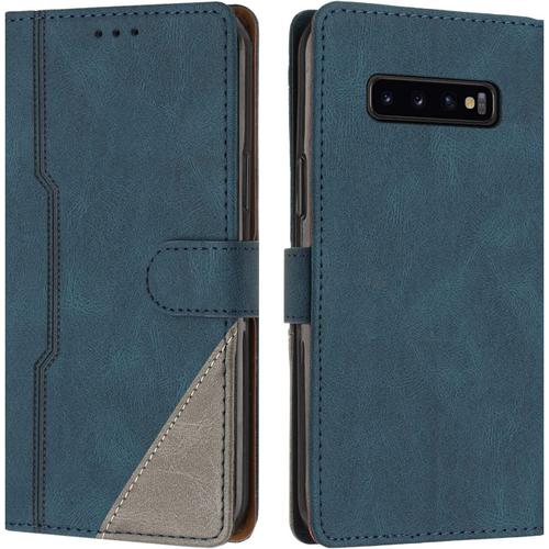 Coque Pour Samsung Galaxy S10 Plus / S10+, Housse Etui Portefeuille Cuir Multifonction, Fermeture Magnétique À Clapet [Fonction Support] Flip Case Compatible Avec Samsung S10 Plus/S10+ (Bleu)