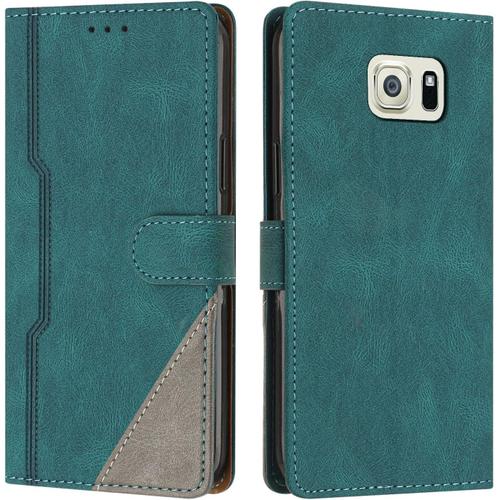 Coque Pour Samsung Galaxy S6, Housse Etui Portefeuille Cuir Multifonction, Fermeture Magnétique À Clapet Anti-Choc [Fonction Support] Flip Case Compatible Avec Samsung Galaxy S6 (Vert)