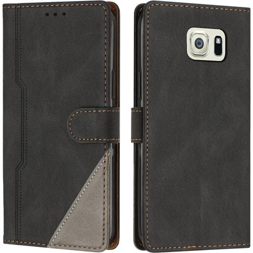 Coque Pour Samsung Galaxy S6, Housse Etui Portefeuille Cuir Multifonction, Fermeture Magnétique À Clapet Anti-Choc [Fonction Support] Flip Case Compatible Avec Samsung Galaxy S6 (Noir)