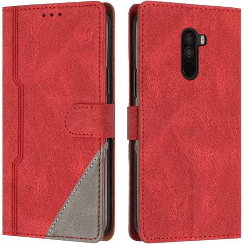 Coque Pour Xiaomi Pocophone F1, Housse Etui Portefeuille Cuir Multifonction, Fermeture Magnétique À Clapet Anti-Choc [Fonction Support] Flip Case Compatible Avec Xiaomi Pocophone F1 (Rouge)