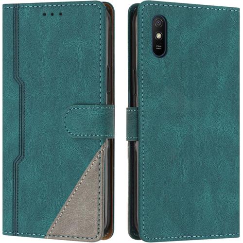 Coque Pour Xiaomi Redmi 9a / 9at, Housse Etui Portefeuille Cuir Multifonction, Fermeture Magnétique À Clapet Anti-Choc [Fonction Support] Flip Case Compatible Avec Redmi 9a / 9at (Vert)