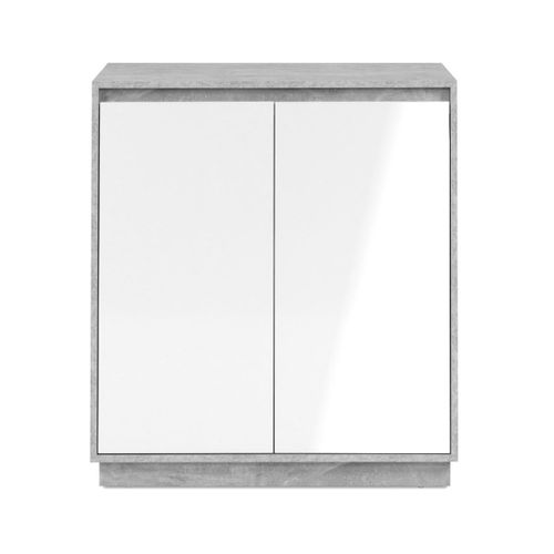 Petit Buffet 2 Portes L79 Cm - Gris Béton / Blanc Brillant