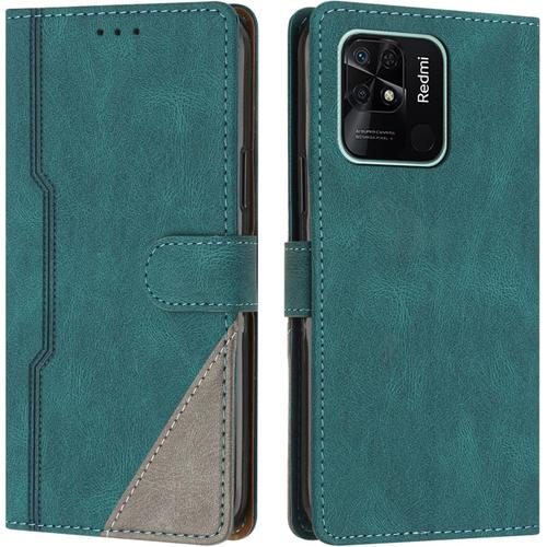 Coque Pour Xiaomi Redmi 10c, Housse Etui Portefeuille Cuir Multifonction, Fermeture Magnétique À Clapet Anti-Choc [Fonction Support] Flip Case Compatible Avec Xiaomi Redmi 10c (Vert)