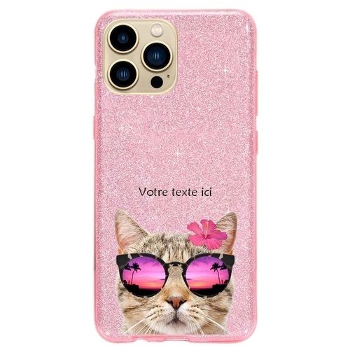 Coque Iphone 14 Pro Paillettes Rose Chat Lunettes Personnalisee