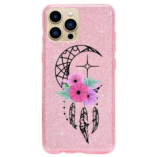Coque Iphone 14 Pro Paillettes Rose Dreamcatcher Et Lune