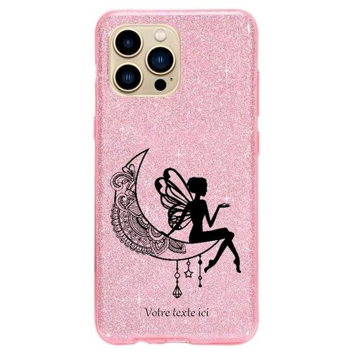 Coque Iphone 14 Pro Paillettes Rose Fee Lune
