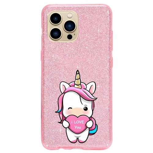 Coque Iphone 14 Pro Paillettes Rose Licorne Coeur Personnalisee