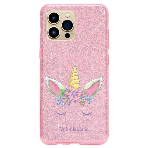 Coque Iphone 14 Pro Paillettes Rose Licorne Fleur Personnalisee