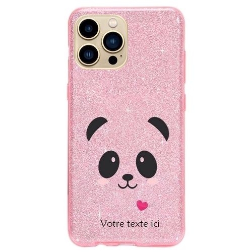Coque Iphone 14 Pro Paillettes Rose Panda Coeur Personnalisee