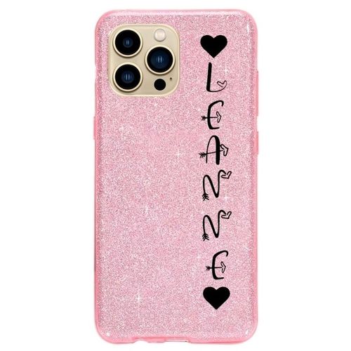 Coque Iphone 14 Pro Paillettes Rose Prenom Police 20 Coeur
