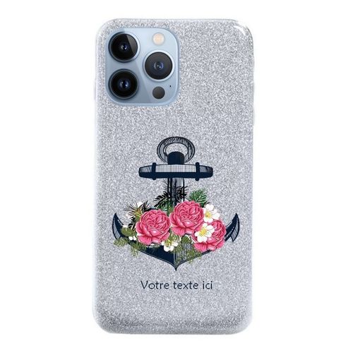 Coque Iphone 14 Pro Paillettes Rose Ancre Fleur