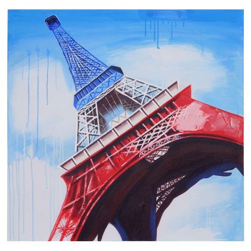Tableau À L'huile, Tour Eiffel Tricolore, Peint À La Main À 100%, Toile De Décoration Murale Xl   100x100cm
