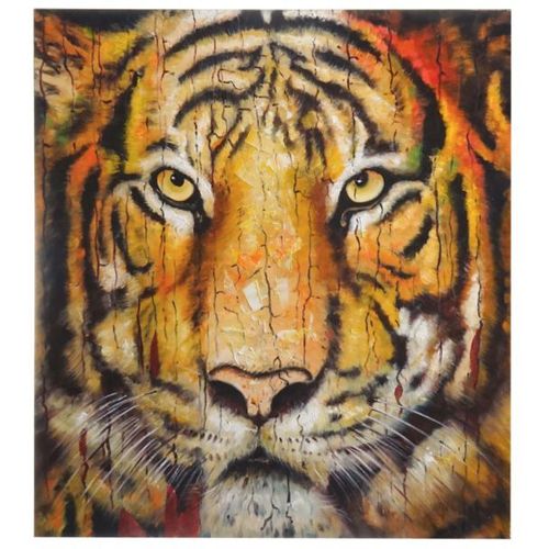 Tableau À L'huile, Tigre, Peint À La Main À 100%, Toile De Décoration Murale Xl   100x90cm