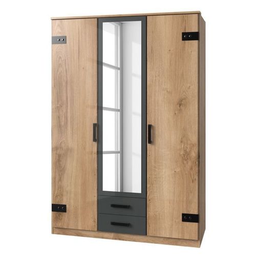 Armoire De Chambre - Panneaux De Particules Et Abs - Beige Et Graphite - 3 Portes - Style Industriel - 135 X 58 X H 199 Cm