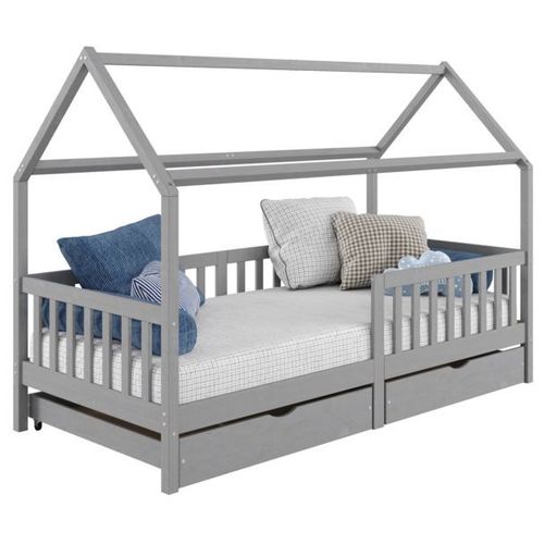 Lit Cabane Nuna Lit Enfant Simple En Bois 90 X 190 Cm, Avec Rangement 2 Tiroirs, En Pin Massif Lasuré Gris