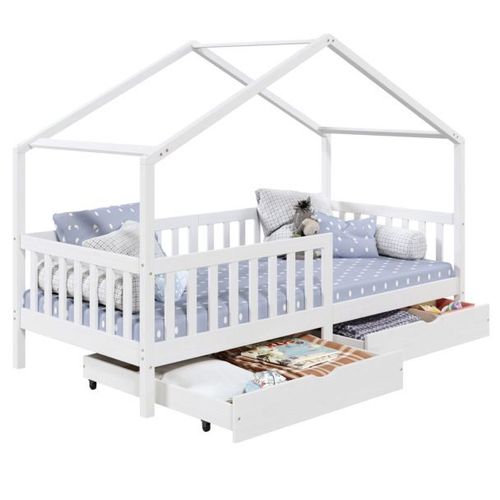 Lit Cabane Elea Lit Enfant Simple 90 X 190 Cm, Avec 2 Tiroirs De Rangement, En Pin Massif Lasuré Blanc
