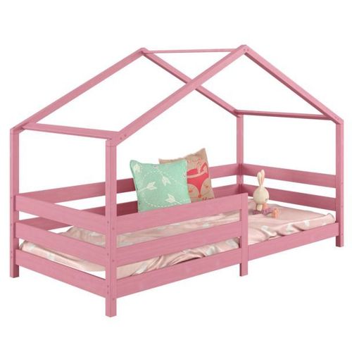 Lit Cabane Rena Lit Simple Pour Enfant 90 X 200 Cm, Avec Barrières De Protection, En Pin Massif Lasuré Rose