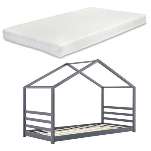 Lit D'enfant Design Maison Avec Matelas Lit Cabane Avec Sommier À Lattes Pin Contreplaqué Mousse À Froid Housse 100% Polyester Gris Foncé 90x200cm [En.Casa] [Neu.Haus]