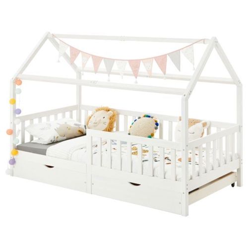Lit Cabane Nuna Lit Enfant Simple En Bois 90 X 200 Cm, Avec Rangement 2 Tiroirs, En Pin Massif Lasuré Blanc