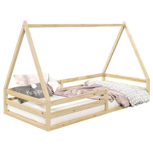Lit Cabane Sila 90x190 Cm, Lit Simple Enfant 1 Place Type Montessori, En Pin Massif Finition Naturelle