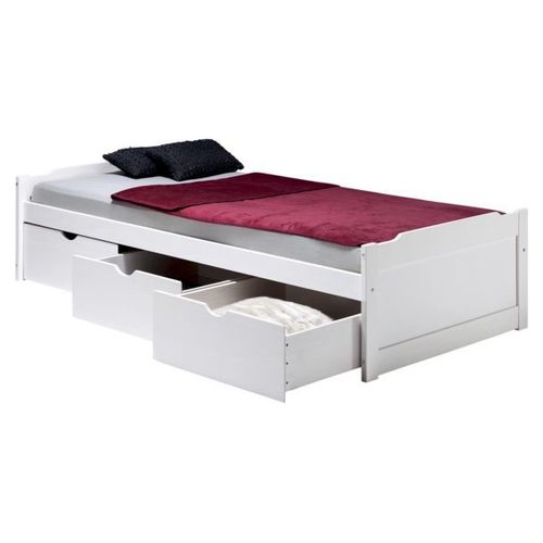 Lit Fonctionnel Avec Rangements Mia 3 Tiroirs, 90 X 200 Cm Pin Massif Lasur? Blanc