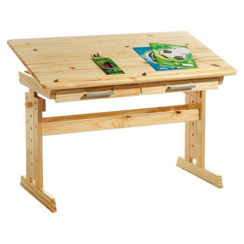 Bureau Enfant Écolier Junior Olivia Table À Dessin Réglable En Hauteur Et Pupitre Inclinable Avec 2 Tiroirs En Pin Massif Vernis Nat