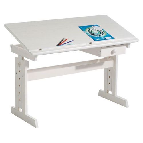 Bureau Enfant Écolier Junior Flexi Table À Dessin Réglable En Hauteur Et Pupitre Inclinable Avec 1 Tiroir En Pin Massif Lasuré Blanc