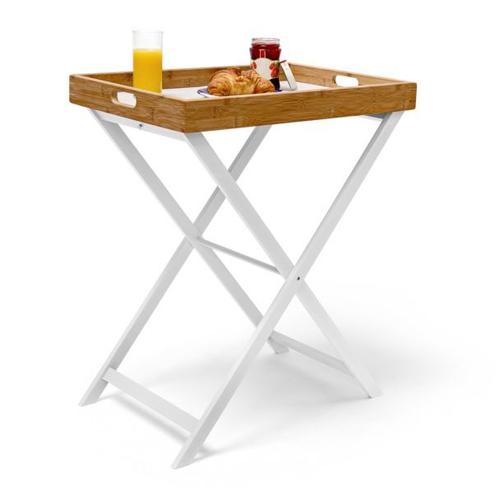 Relaxdays table d'appoint pliable bambou plateau amovible hxlxp: 72 x 60 x 40 cm plateau de lit support table bout de canapé, blanc nature