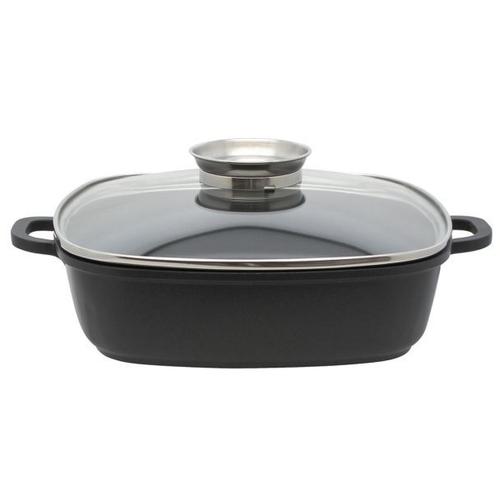 Elo 8668026 Mijoteuse Carrée Avec Couvercle En Verre 28 Cm, Faitout, Plat De Service, Cocotte En Fonte, Convient À Tous Types De Feux Et Four, Fonte D'aluminium, Verre, Acier Inoxydable, Noir, 28 Cm