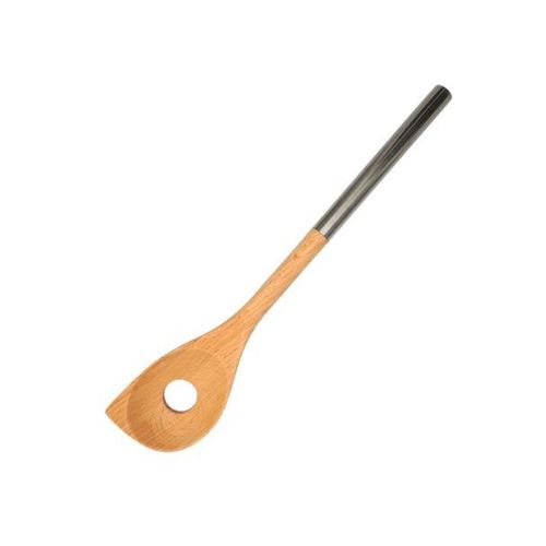 Fackelmann 30374 Cuillère À Risotto En Bois De Hêtre Et À Manche En Inox, Cuillère Trouée Biseautée, Cuillère De Cuisine Ou À Servir, Bois, Acier Inoxydable, 34x6,5cm