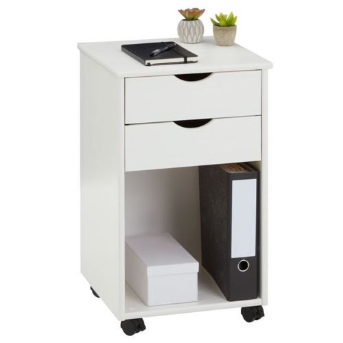 Caisson De Bureau Kano, Meuble De Rangement Sur Roulettes Avec 2 Tiroirs Et 1 Niche, En Pin Massif Lasur? Blanc