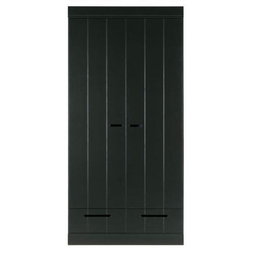 Armoire 2 Portes 2 Tiroirs 94x53x195 Cm En Pin Massif Noir - Paolino