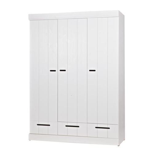 Armoire 3 Portes 3 Tiroirs 140x53x195 Cm En Pin Massif Blanc - Paolino