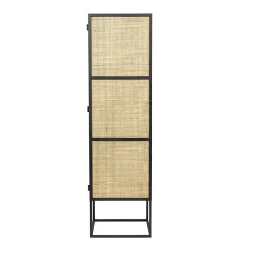 Buffet Haut 1 Porte 40x38x145 Cm En Rotin Et Métal Noir - Salvia